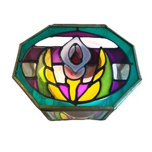 Octagonal Glass‎ & Brass Trinket Box Mirrored Base Stained Glass Floral Vintage